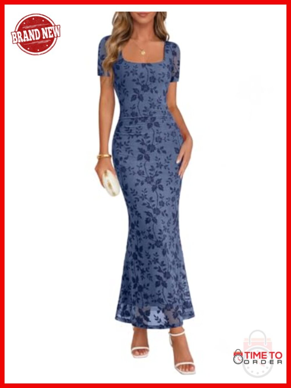 Womens Floral Maxi Dress Square Neck Sheer Sleeve Bodycon Wedding Guest